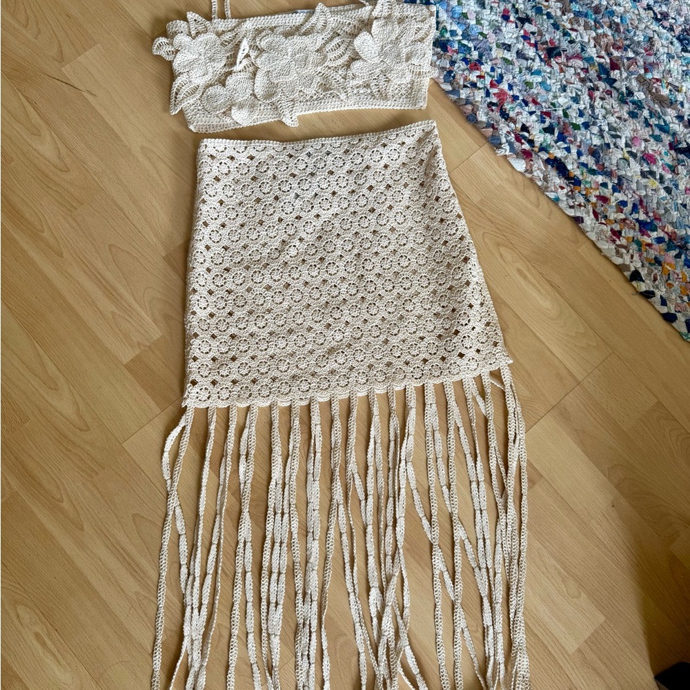 Zara Cream Crochet Fringe Skirt Set